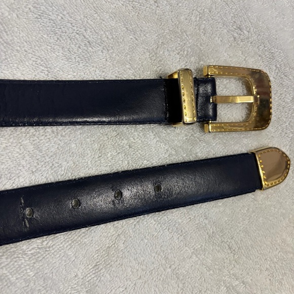 Vintage Christian Dior Blue Leather Belt with Gold-Tone Buckle M